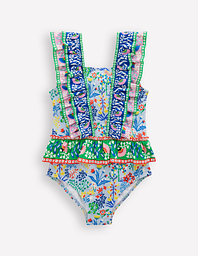 Frill Peplum Swimsuit-Misty Blue Garden Floral
